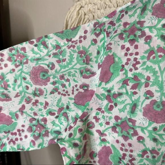 SZ BLOCKPRINTS green / pink floral 3/4 sleeves cotton tunic top M - Picture 4 of 10